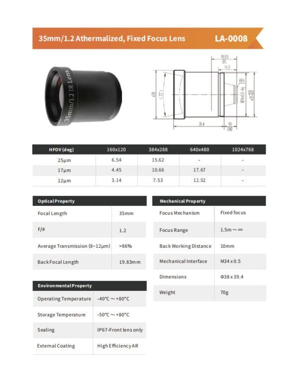 35mm/1.2 Athermalized, Fixed Focus Lens LA-0008 - 图片 2